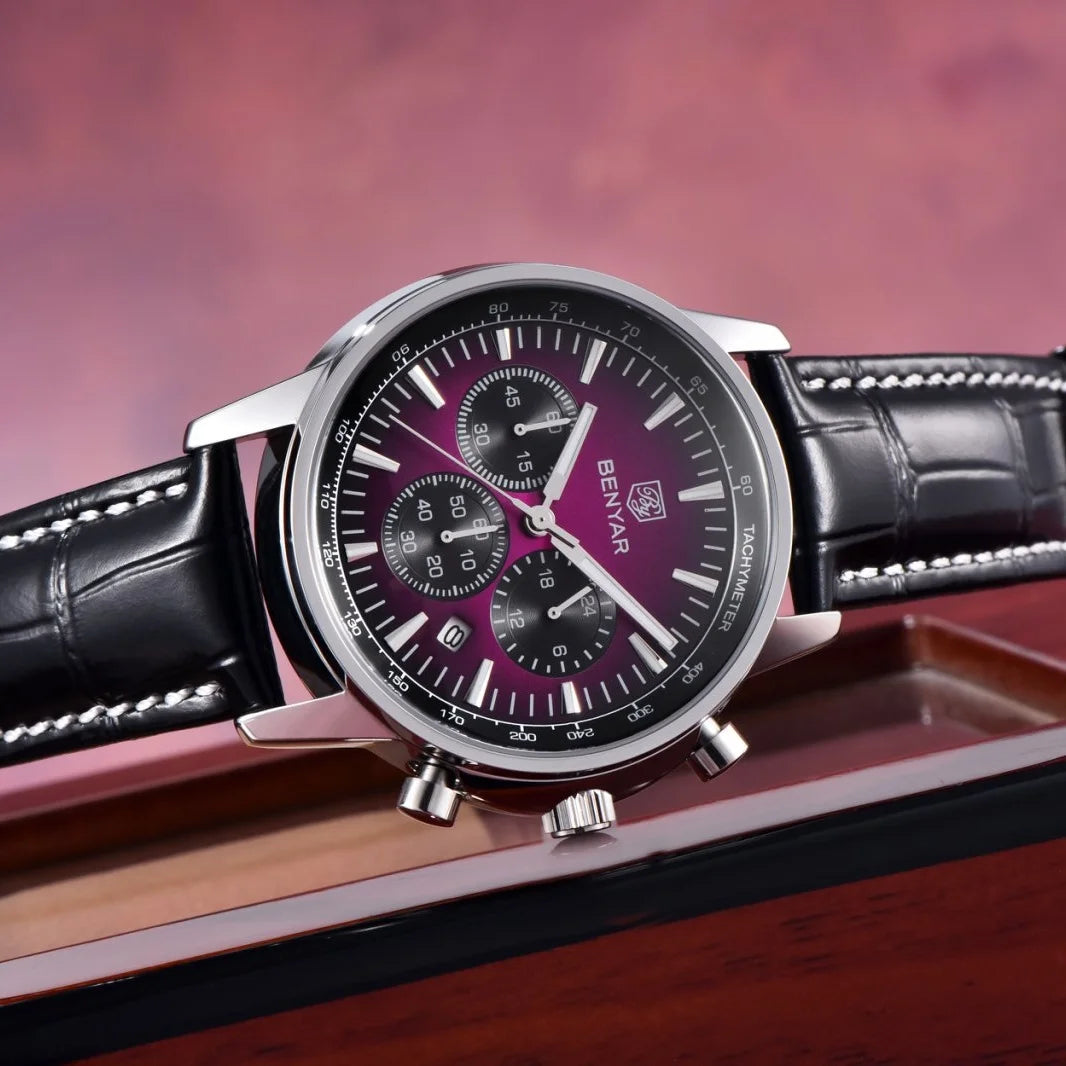 Orologio di lusso da uomo Benyar – Cronografo con datario, cinturino in pelle, impermeabile, luminescente, stile sportivo e militare, orologio al quarzo