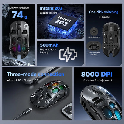 2026 Hollow-out Design Lightweight Computer Game Accessories 3-Mode Bluetooth Wireless Mouse Laptop Rechargeable RGB Backlight