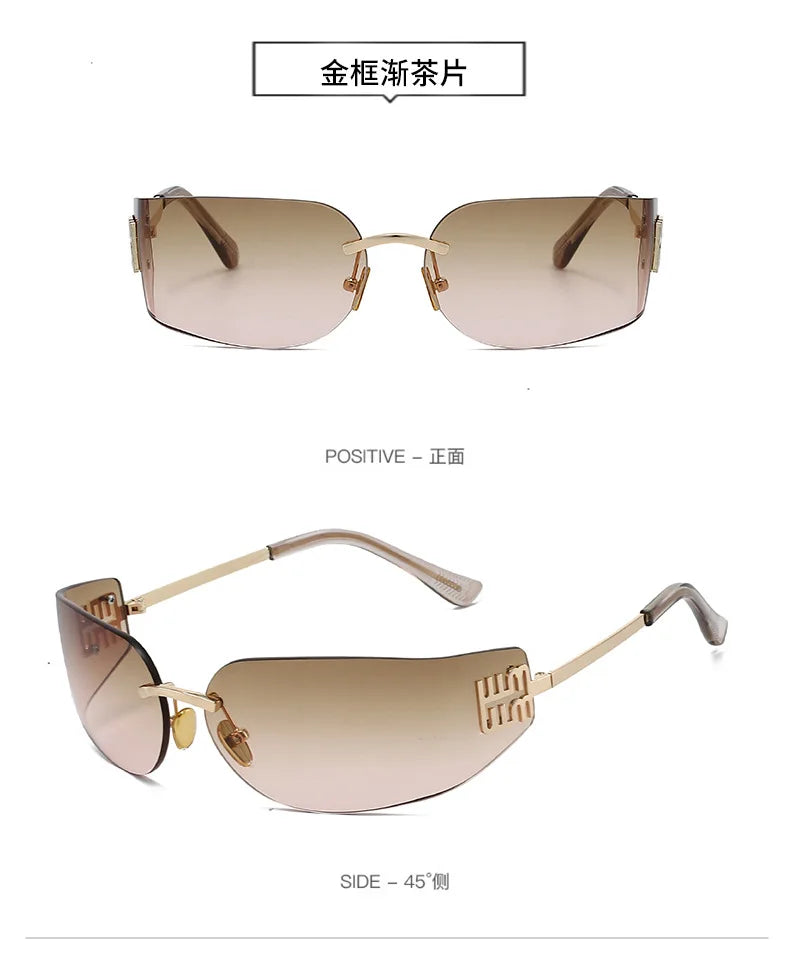 High End Sunglasses Women Rimless Curved Sun Glasses for Eye Protection and Sunscreen Travelling Hiking Shades Gafas