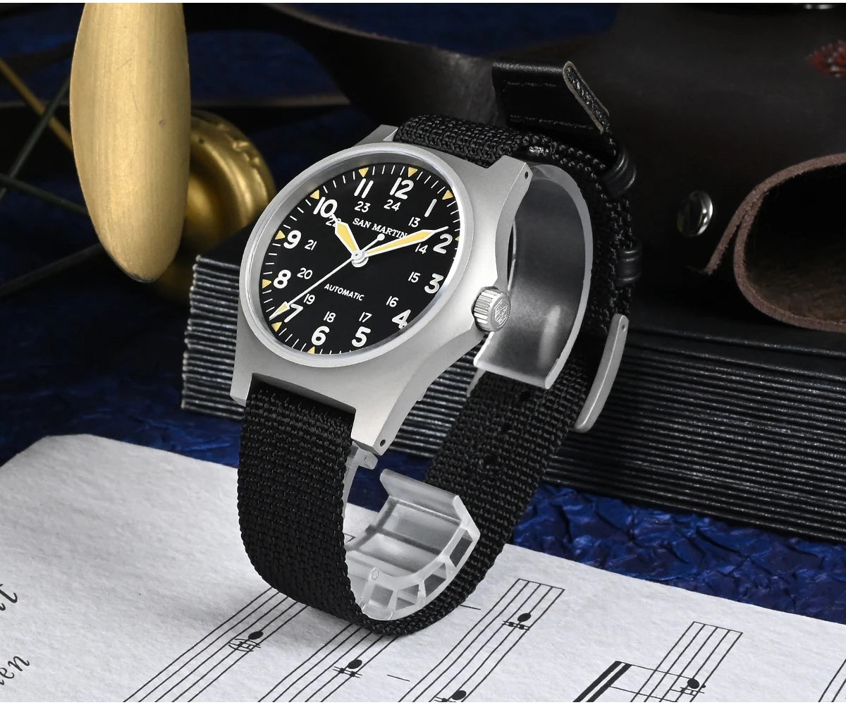 San Martin Pilot Watch 38mm NH35 Retro Military Automatic Mechanical Wristwatch Bead Blasted Case Waterproof 100m SN0137