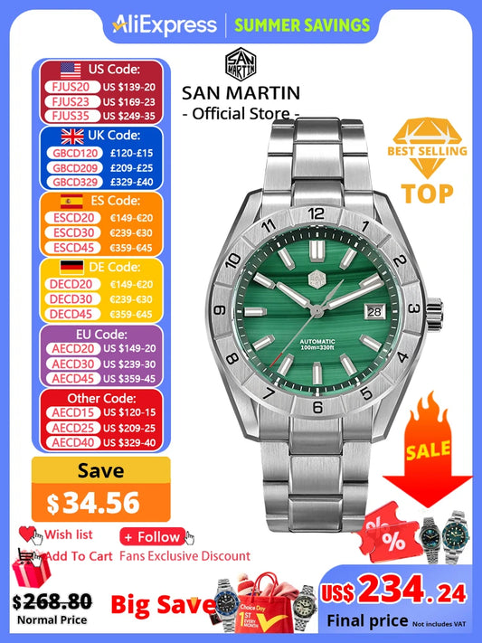 San Martin New 42mm Peacock Gemstone Dial NH35 Luxury Men Watch Automatic Mechanical Sapphire 100M Waterproof Luminous SN0130