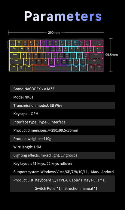 AJAZZ NK61 Wired Gaming Mechanical Keyboard 60% RGB Hot-Swappable 61 Keys Red Switch Mini Keyboard for Gamer PC