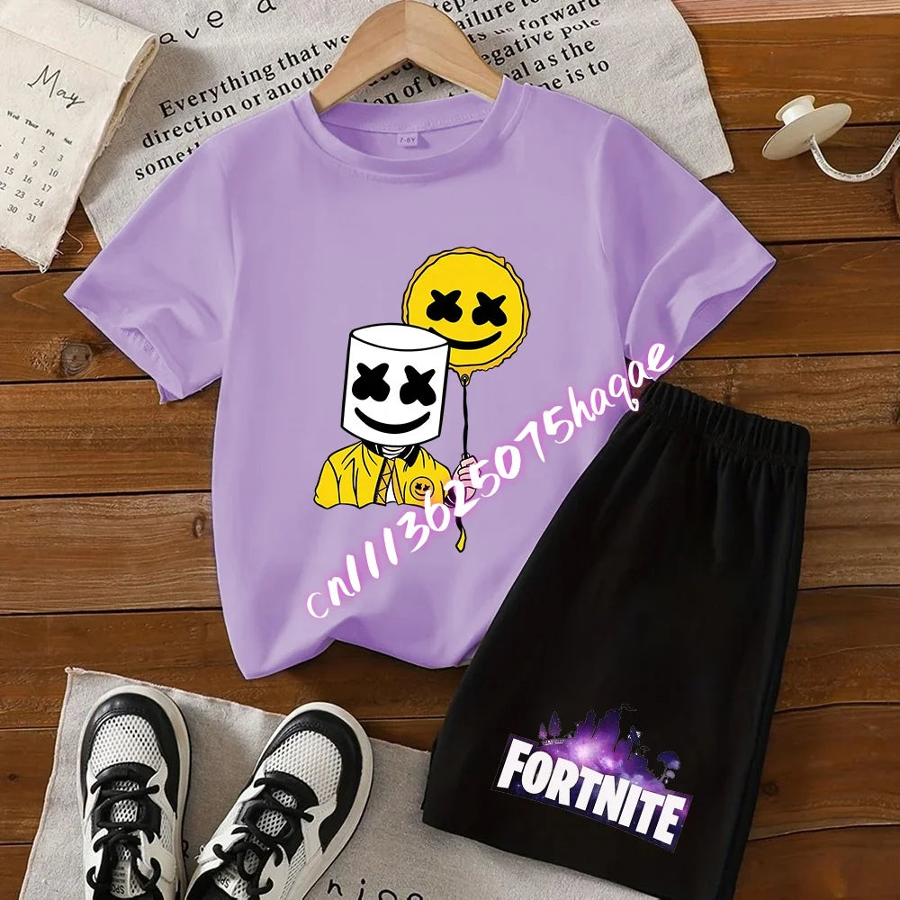 Sommer-Fortnite-T-Shirt und Shorts für Jungen und Mädchen, 2-teiliges Kinder-Set mit Oberteil und Hose, Fortress-Night-Print, Geschenk