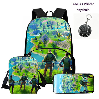 FORTNITE 3Pcs Lightweight Backpack With Front Pocket,Crossbody Bag&Pencil Case For Age 6-10 Boys Girls,Free 3D Printed Keychain