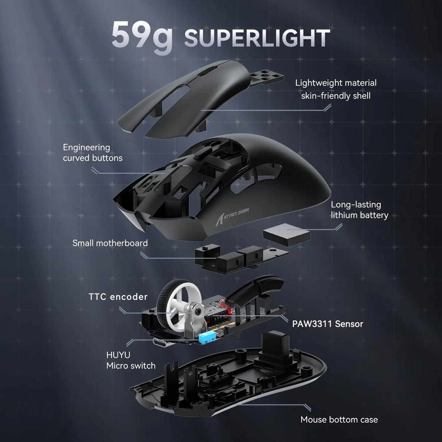 ATTACK SHARK R1 59g SUPERLIGHT Mouse, PixArt PAW3311 Gaming Sensor,  6 Adjustable DPI up to 18000, 65 Hrs Battery, G502