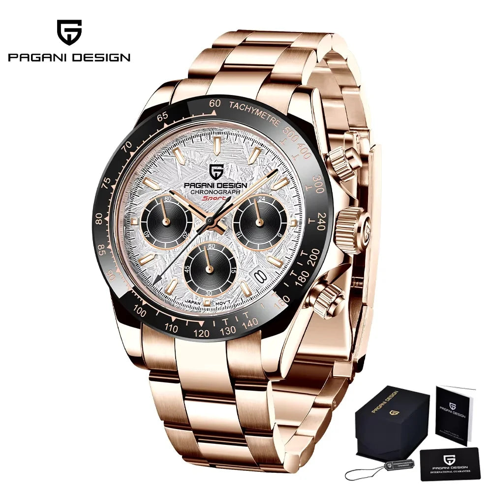 Originale neue PAGANI DESIGN PD-1664 Luxus-Herrenuhr mit japanischem VK63-Quarzwerk, Saphirglas, wasserdichtem Chronographen, Gold