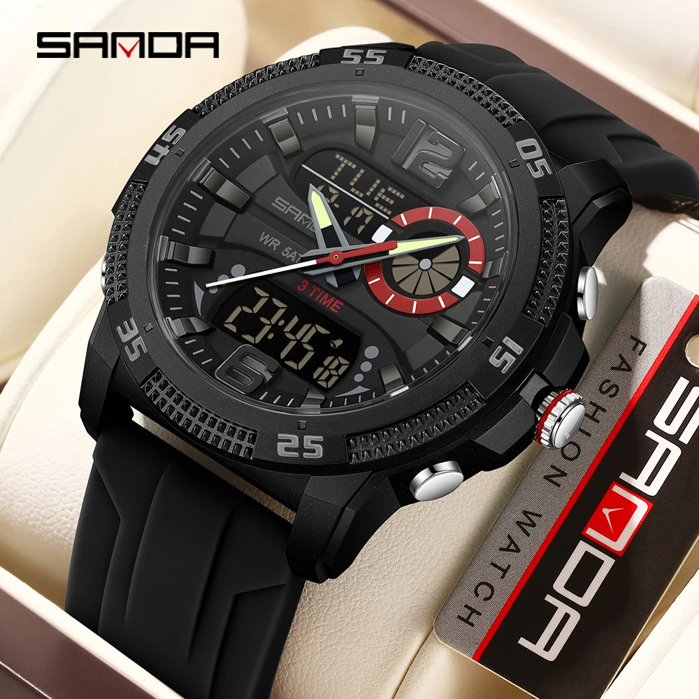 Montres de luxe pour homme SANDA Fashion : montre-bracelet à quartz analogique et numérique, style sportif, décontractée, étanche, avec chronographe en silice