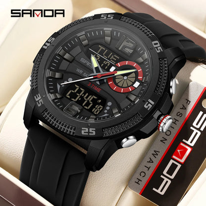 Montres de luxe pour homme SANDA Fashion : montre-bracelet à quartz analogique et numérique, style sportif, décontractée, étanche, avec chronographe en silice