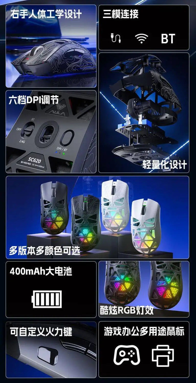 AULA SC620 Wireless 3-Mode Mouse Bluetooth Hollow Lightweight RGB Gaming Mouse for FPS Esports, Office & Daily Use for PC Laptop