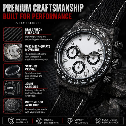 Montre chronographe « Panda » en fibre de carbone de 39 mm, VK63, quartz, verre saphir, logo personnalisé, pour homme, sportive