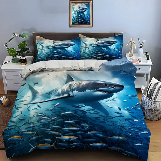 Shark Swimming Through Fish Swarm Print Soft Comfortable Duvet Cover Bedding Set Includes 1*Duvet Cover 2*Pillowcases