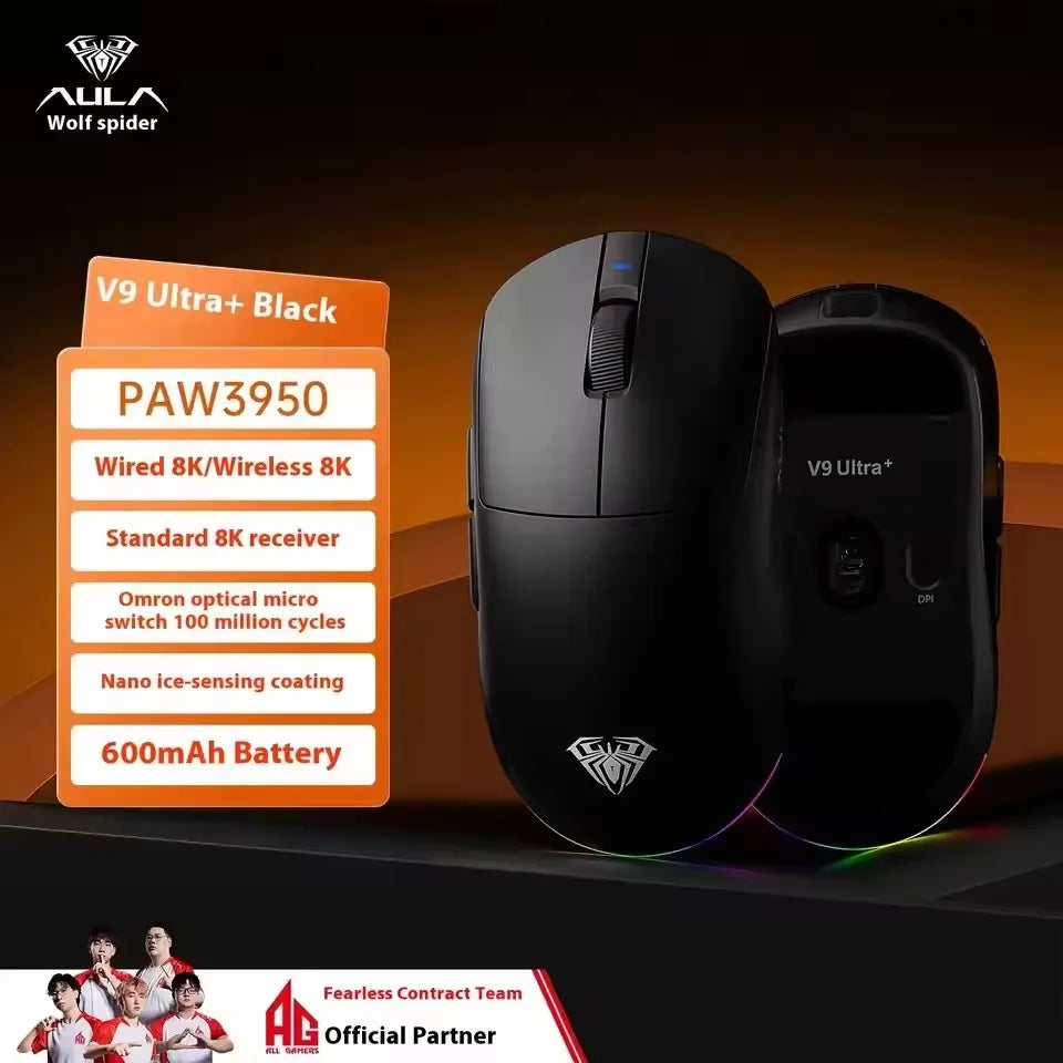Aula V9 Ultra Wireless E-sports Gaming Mouse Double 8k 3mode PAW 3950 8k 55g Lightweight Ergonomic Mouse Custom PC Accessory