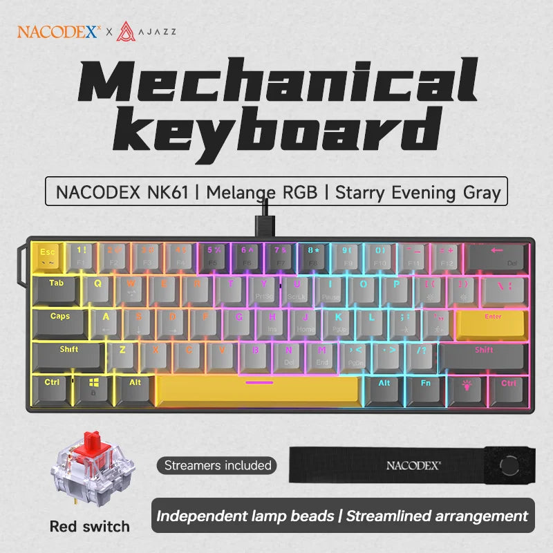 AJAZZ NK61 61-Key Red Switch Wired Mechanical Keyboard with Hot-Swappable Keys and RGB Lighting, Suitable for PC and Mac