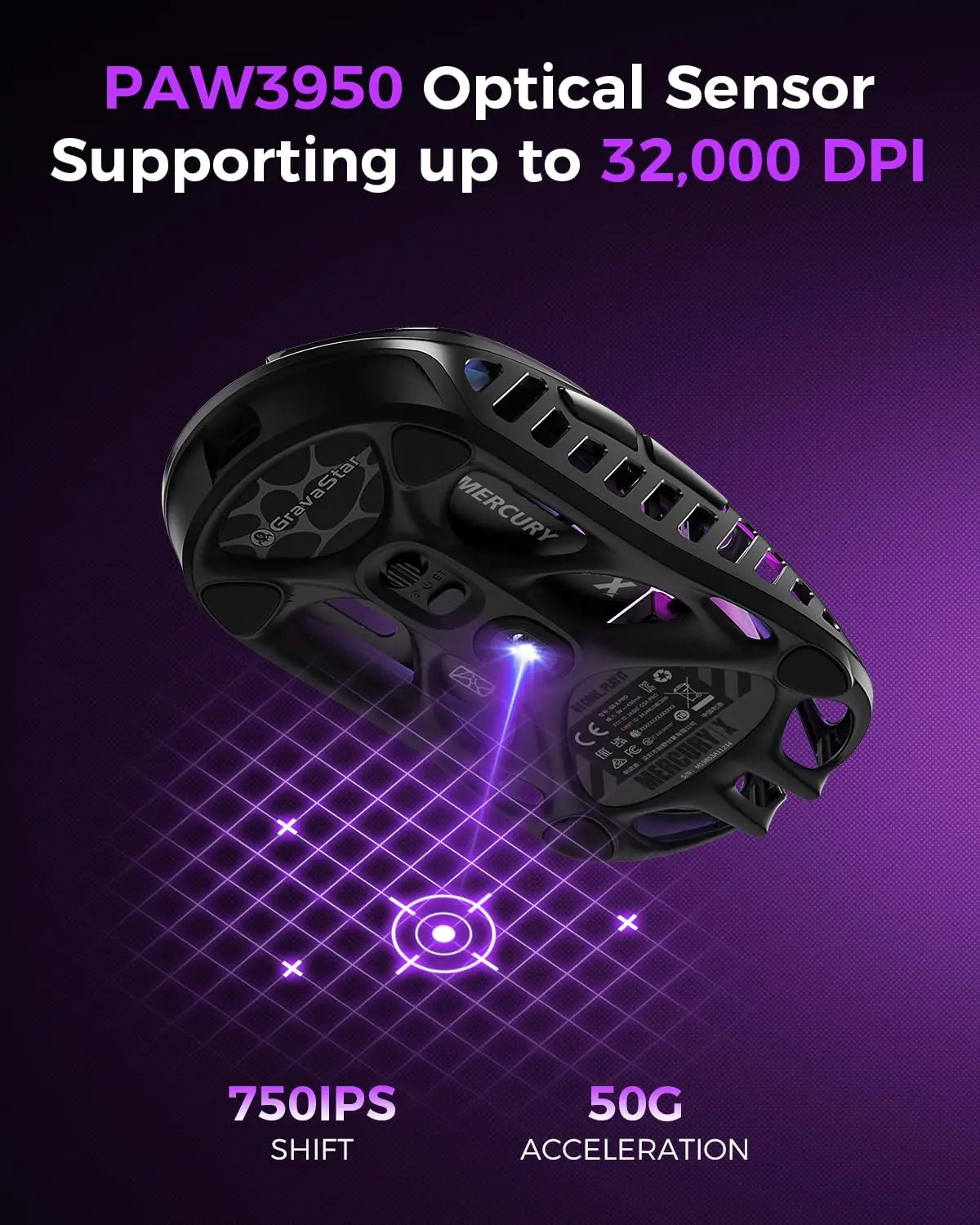 GravaStar Mercury X Wireless Gaming Mouse – 32,000 DPI PAW 3950 Sensor, 1000Hz Polling Rate, Only 49g, Magnesium Alloy Hollow F