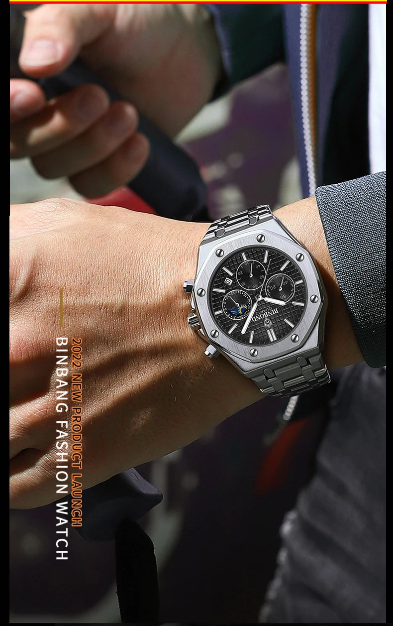 Montre-bracelet à quartz BINBOND pour homme, chronographe de luxe luminescent, en acier inoxydable, étanche, avec date et calendrier