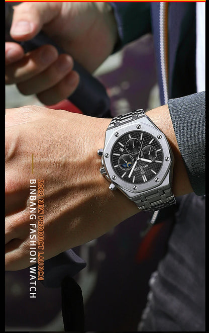 Montre-bracelet à quartz BINBOND pour homme, chronographe de luxe luminescent, en acier inoxydable, étanche, avec date et calendrier
