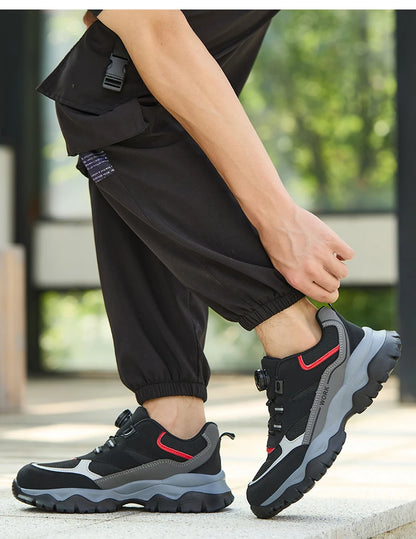 Chaussures de travail pour hommes, bottes de sécurité à bout en acier, chaussures Anti-écrasement, baskets légères et respirantes noires à bouton rotatif