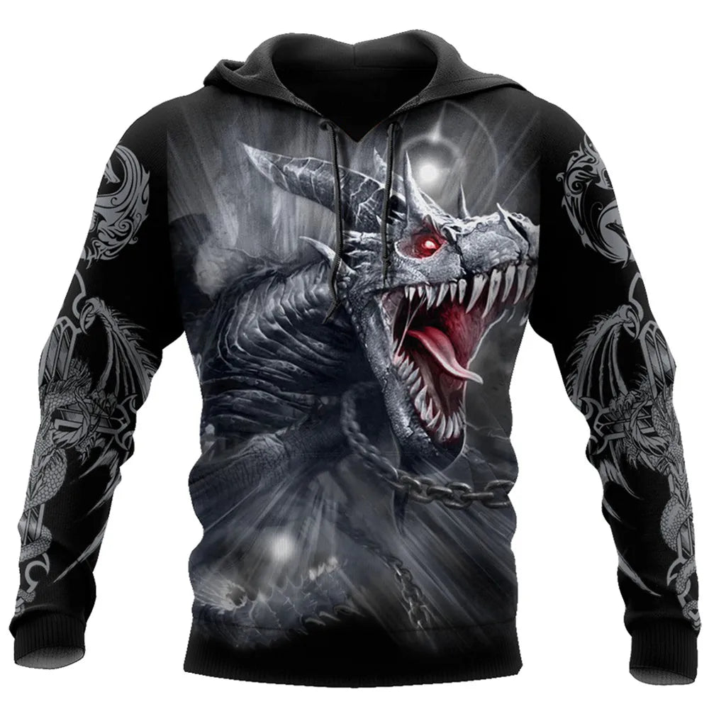 Sudadera con capucha unisex para hombre, manga larga otoño-invierno, estampado 3D de dragón estilo tatuaje, streetwear casual tipo pulóver en conjunto deportivo