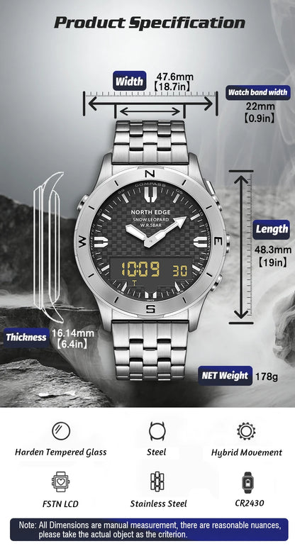 NORTH EDGE Men's Sports Digital Watch Waterproof 50M Altimeter Barometer Compass Business Luxury Men's Watch Outdoor Smartwatch