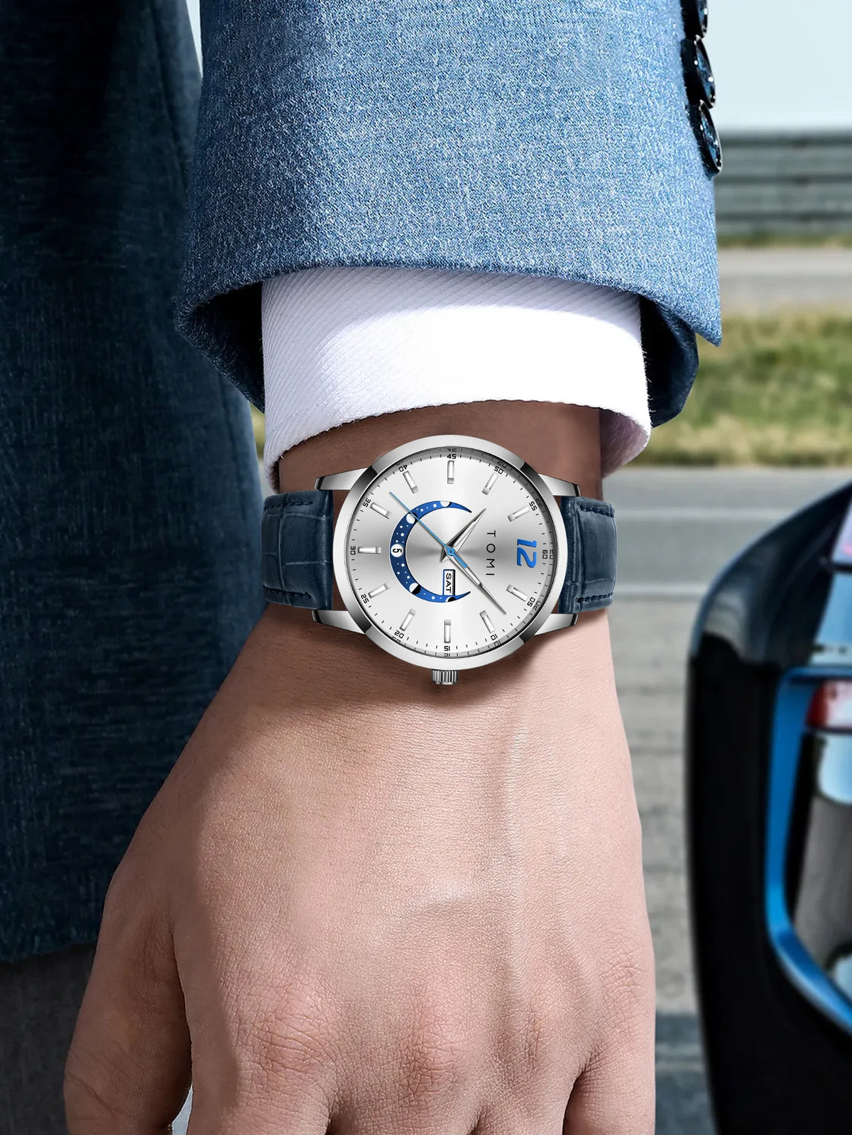 TOMI-kvartsur, elegant i affärsstil, med läderarmband, boett i legering och urtavla med visare – Exklusiv design, presentidé för män