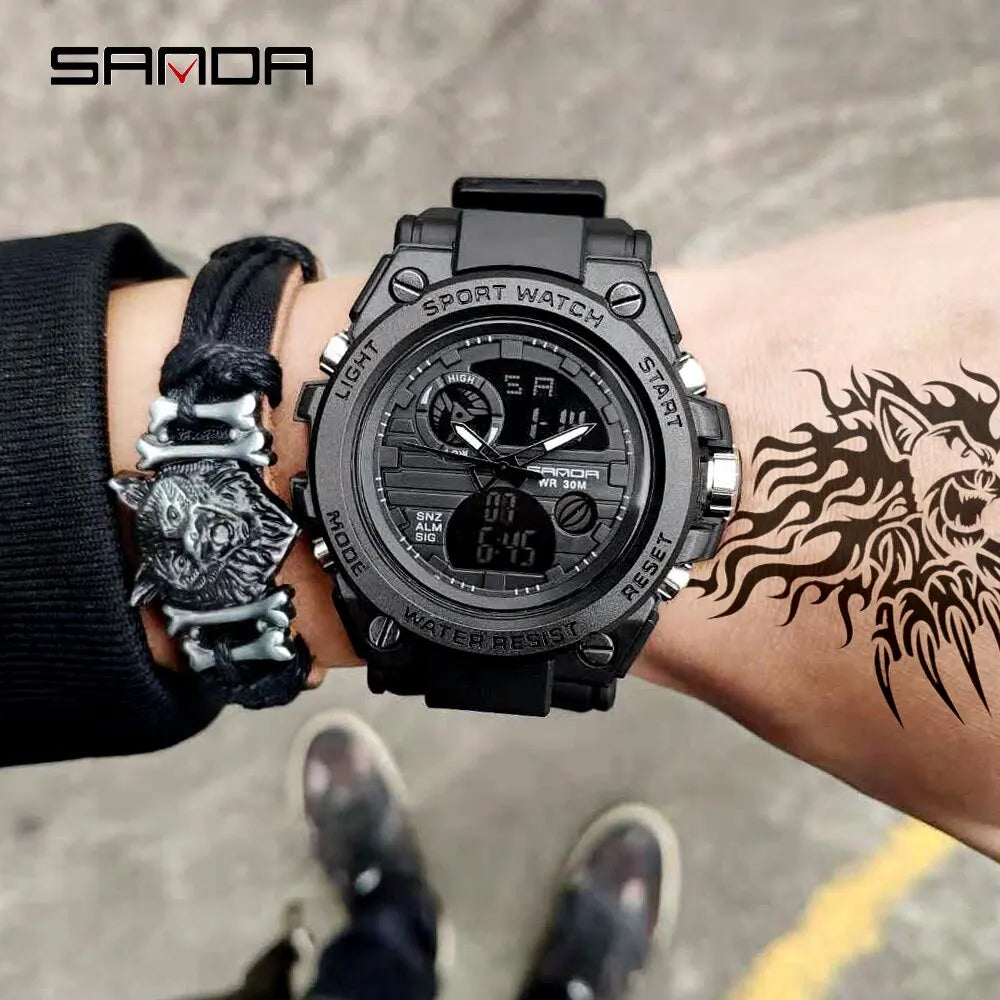 SANDA Montres de luxe haut de gamme pour homme, montre militaire, montre-bracelet sportive étanche, montre à double affichage, Relogio Masculino