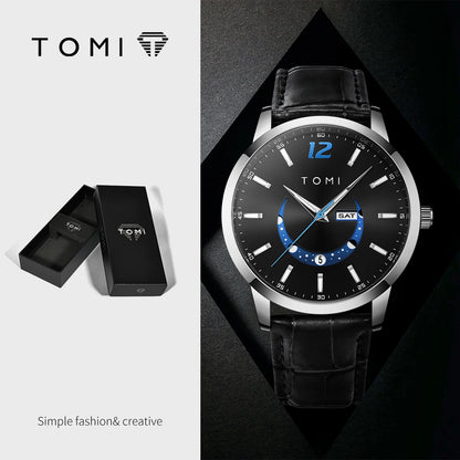 TOMI-kvartsur, elegant i affärsstil, med läderarmband, boett i legering och urtavla med visare – Exklusiv design, presentidé för män
