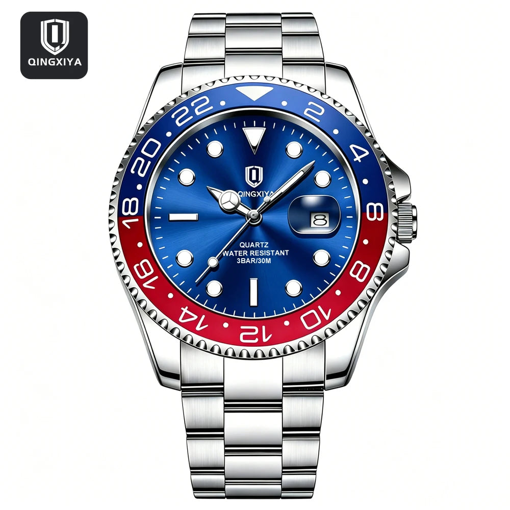 QINGXIYA Montres de luxe à quartz pour homme en acier inoxydable, étanches, avec date luminescente, montre-bracelet pour homme, reloj hombre
