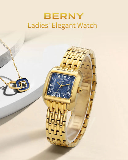 BERNY Gold Watch for Women Luxury Brand Square Ladies Quartz Watches New In Top Quality Fashion Elegant Business S/S Wristwatch