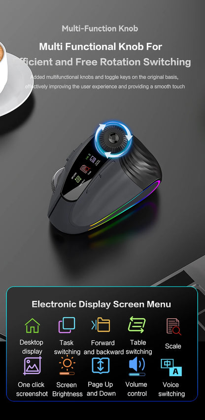 Jomaa RGB Backlit Speed Roller Wireless Vertical Mouse with Function Adjustment Knob Bluetooth USB Ergonomic Mice Slient Click