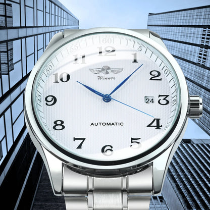 Orologio da uomo WINNER – Stile classico, retrò ed elegante – Orologio meccanico a carica automatica con calendario – Marchio di lusso, cassa in acciaio e cinturino in pelle