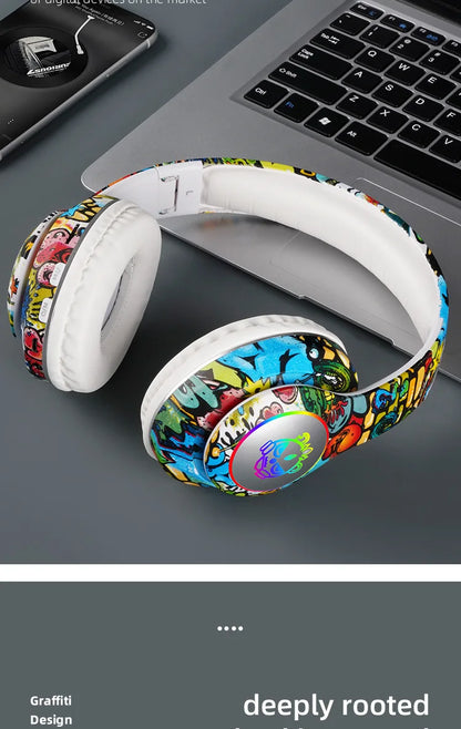 New Graffiti Wireless Overhead Headset with Mic LED Light LX-8686 High Quality TF Card Bluetooth Headphones for PC Gaming Child