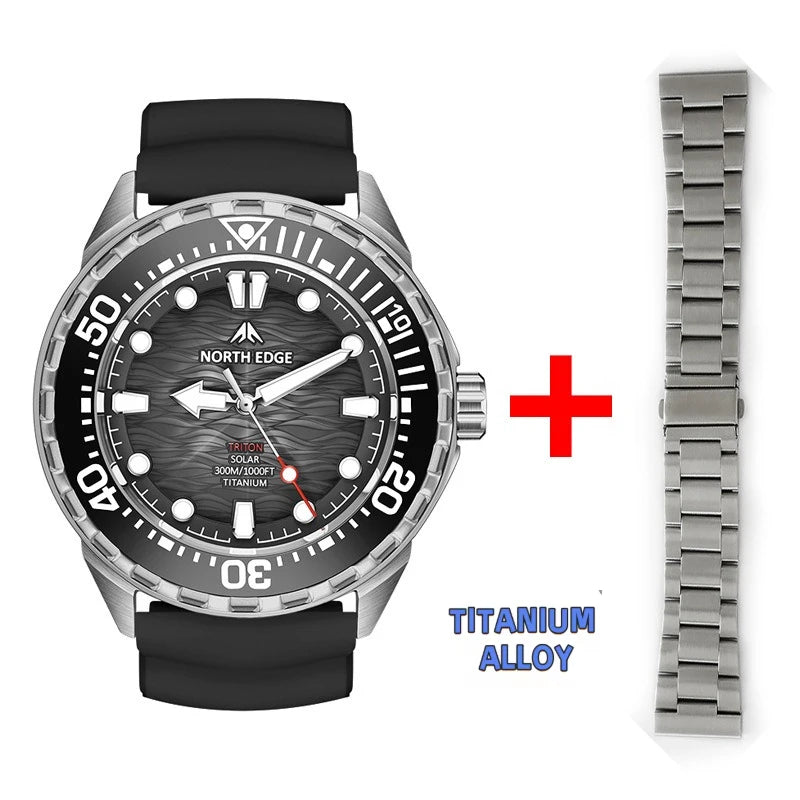 NORTH EDGE NEW+ TRITON-TI Titanium Solar-Powered Diving Watch Luxury Quartz Watches for Men 300M Waterproof 180+ Day Power