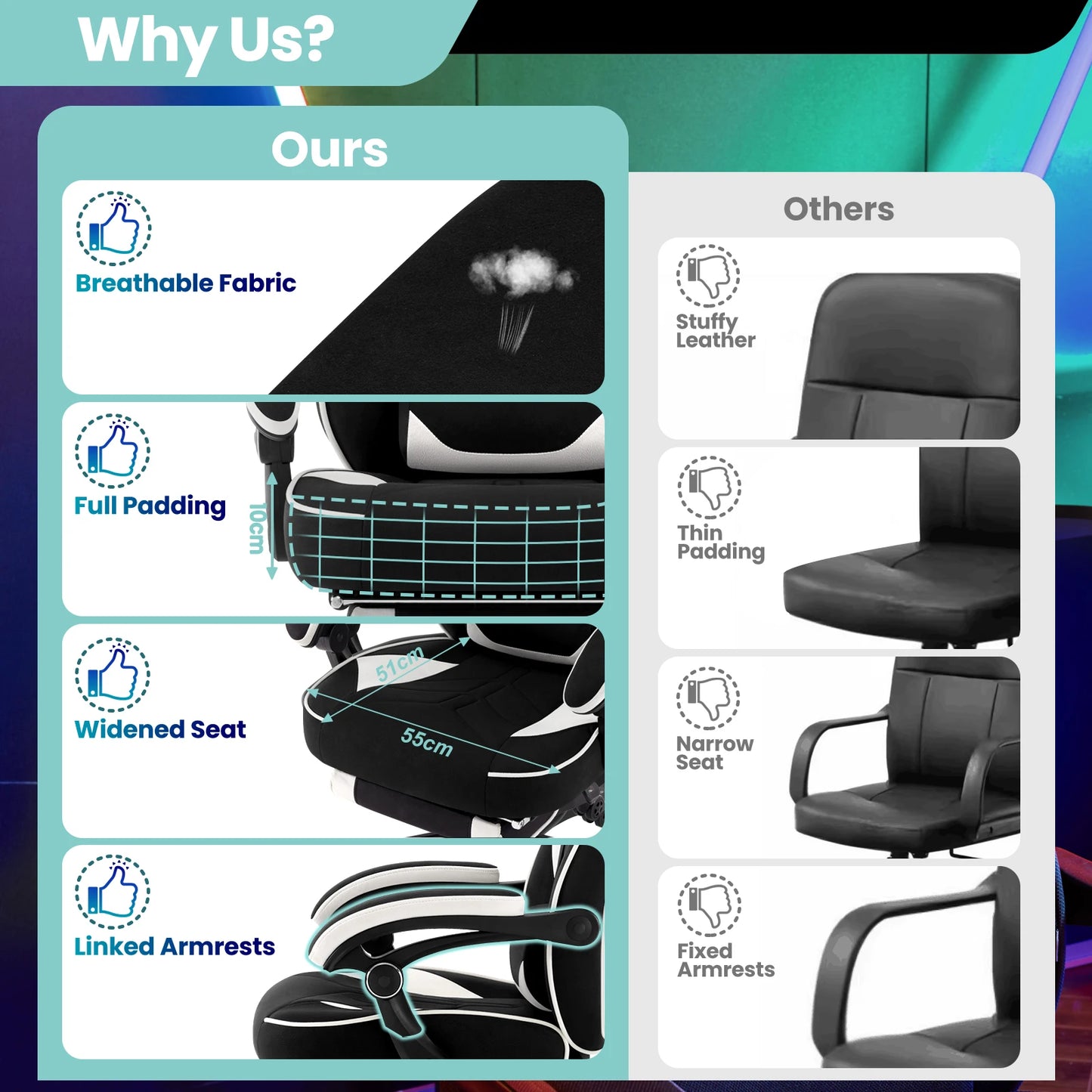 WOLTU Ergonomic Gamer Computer Chair Executive Office Chair Breathable Gaming Chair with Lumbar Cushion Headrest Footrest