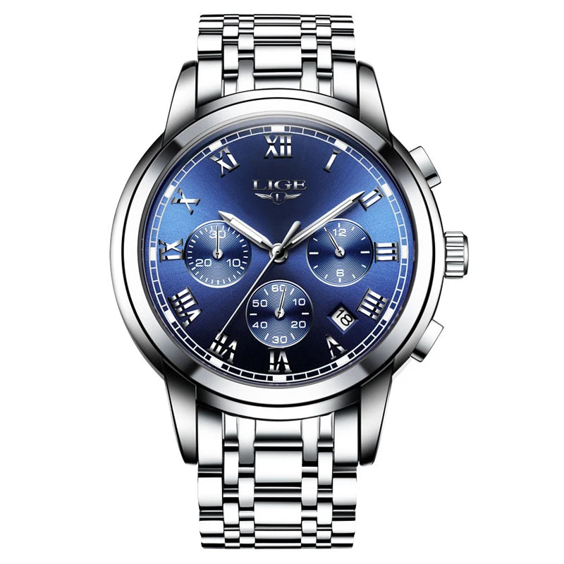Orologio da uomo LIGE – Cronografo di lusso, stile sportivo casual, impermeabile, interamente in acciaio, movimento al quarzo