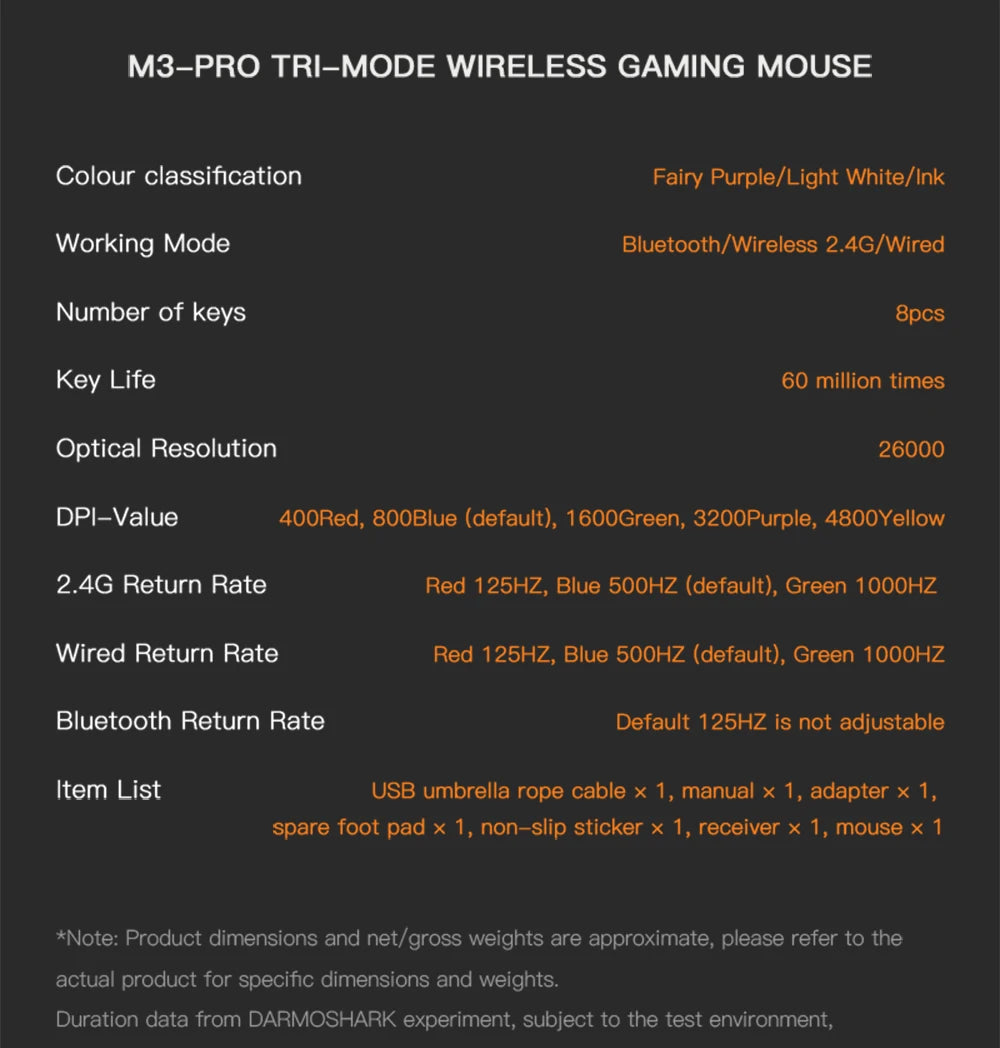 Darmoshark M3Pro Gaming Mouse 2.4G BT Wireless Tri-Mode PAW3395 Sensor N52840 26000DPI Big Hand Macro Driver Mouse For Gaming