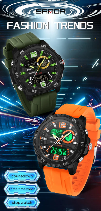 Montres de luxe pour homme SANDA Fashion : montre-bracelet à quartz analogique et numérique, style sportif, décontractée, étanche, avec chronographe en silice