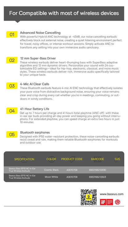 Baseus Bass EP10/BP1 NC -43dB Noise Cancelling ANC True Wireless Earbuds Bluetooth 6.0 In-Ear Wireless Earphones 4-Mics Ear buds