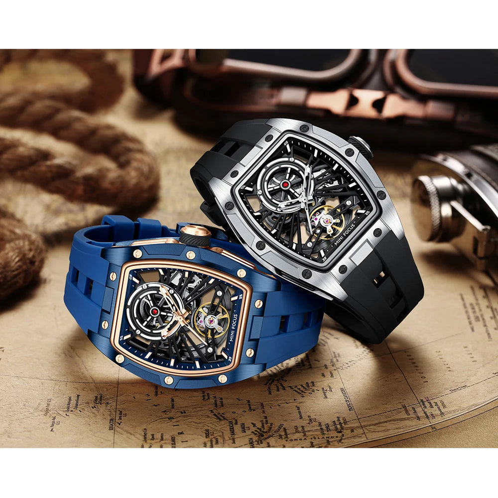Reloj de pulsera MINI FOCUS para hombre, negro, a la moda, resistente al agua, mecánico automático, con manecillas luminosas, correa de silicona y esfera tonneau