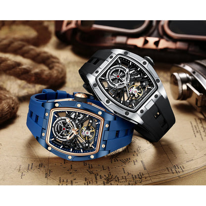 Reloj de pulsera MINI FOCUS para hombre, negro, a la moda, resistente al agua, mecánico automático, con manecillas luminosas, correa de silicona y esfera tonneau