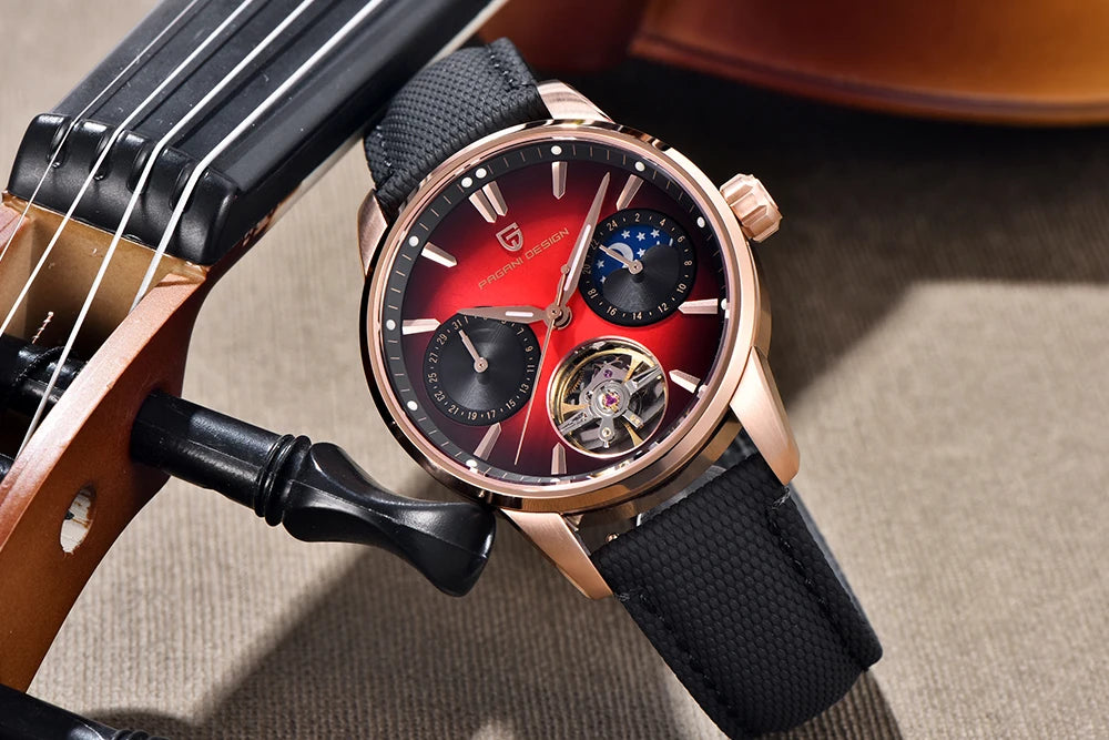 PAGANI DESIGN – Luksuzna mehanska ura za moške, 41 mm, safirno steklo, usnjena zapestnica, vodotesna, v pilotskem slogu, s turbijonom in prikazom lunine faze