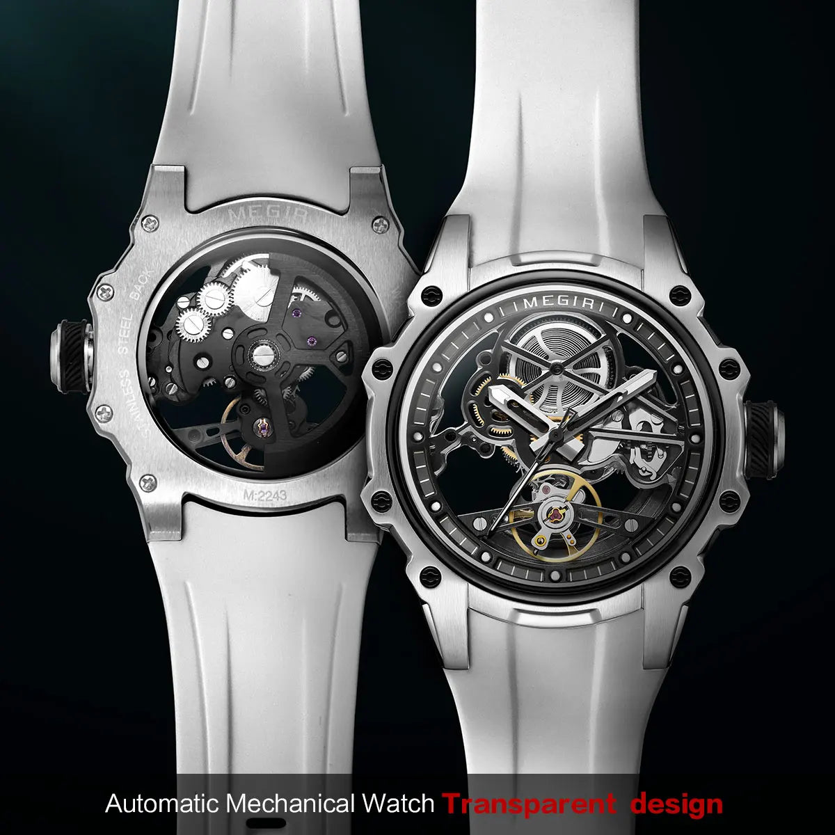 MEGIR Skeleton Dial Automatic Mechanical Watch Men Stainless Steel Case Waterproof Luminous Sport Wristwatch with Silicone Strap