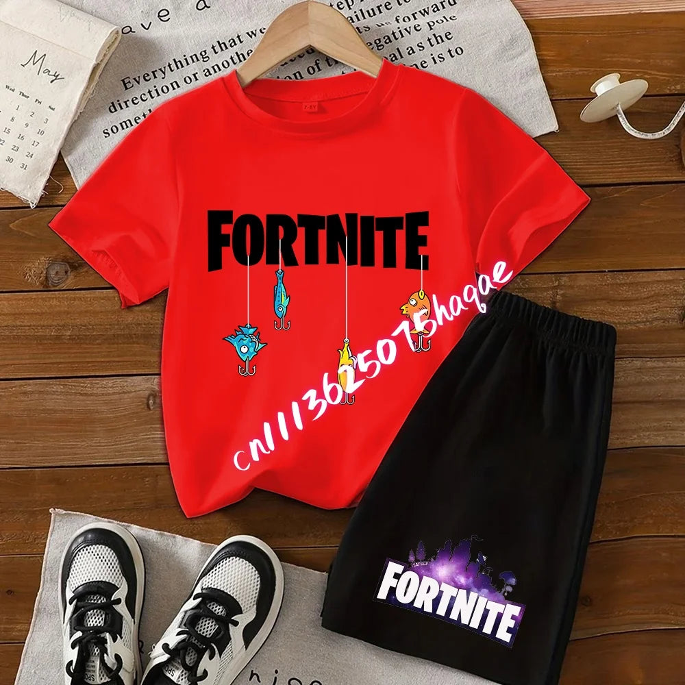 Sommer-Fortnite-T-Shirt und Shorts für Jungen und Mädchen, 2-teiliges Kinder-Set mit Oberteil und Hose, Fortress-Night-Print, Geschenk