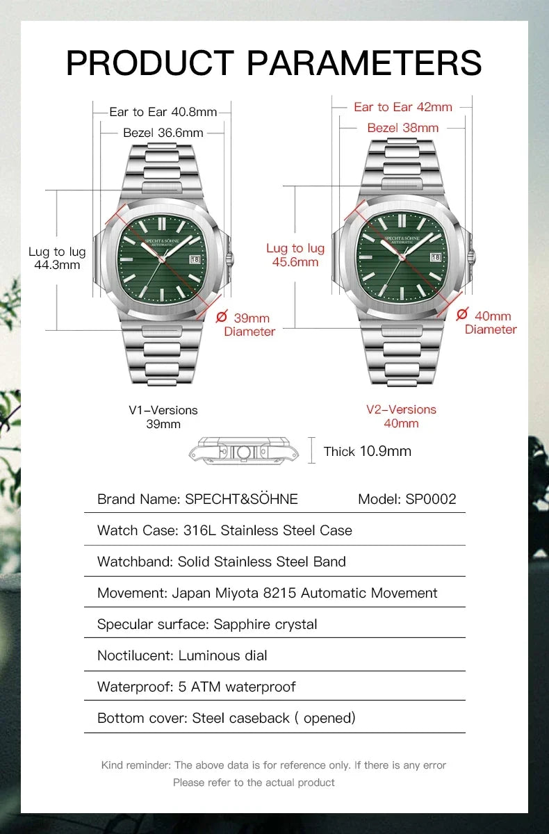 2026 New Specht & Söhne 40MM Rose Gold Men's Watch Japan Miyota 8215 Automatic Mechanical Steel Sapphire Crystal 50M Waterproof