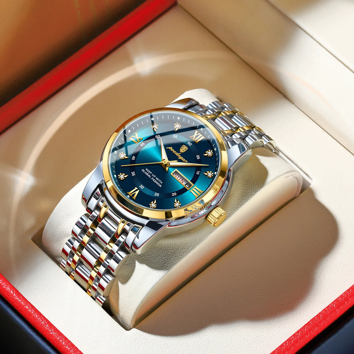 Trendige, luxuriöse POEDAGAR-Herrenarmbanduhr, wasserdicht, aus Edelstahl, mit Leuchtzeigern, Datumsanzeige und Quarzwerk.