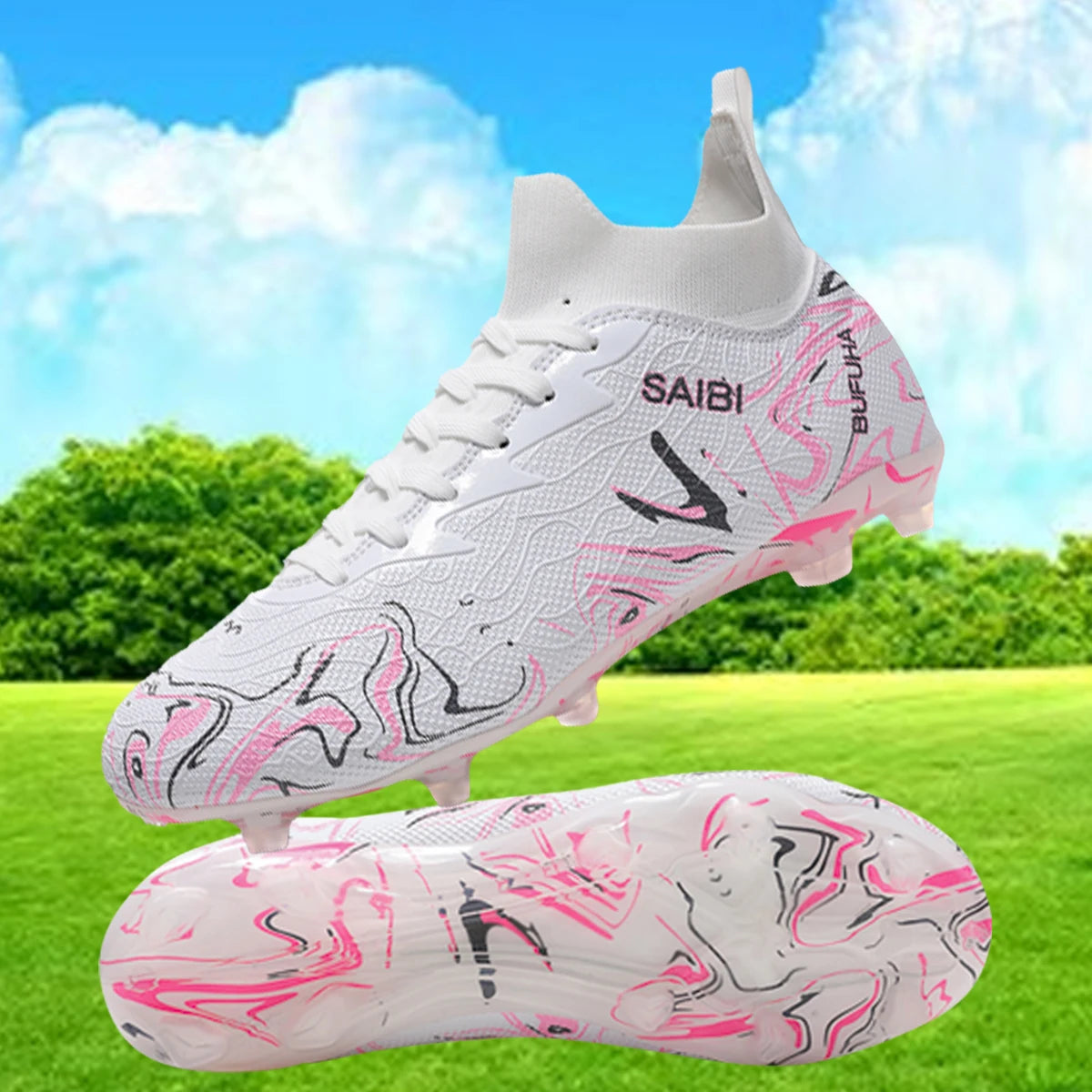 Chaussures de football, sneakers, chaussures de soccer, au-dessus de la cheville mais pas jusqu'au genou, semelle antidérapante à crampons.