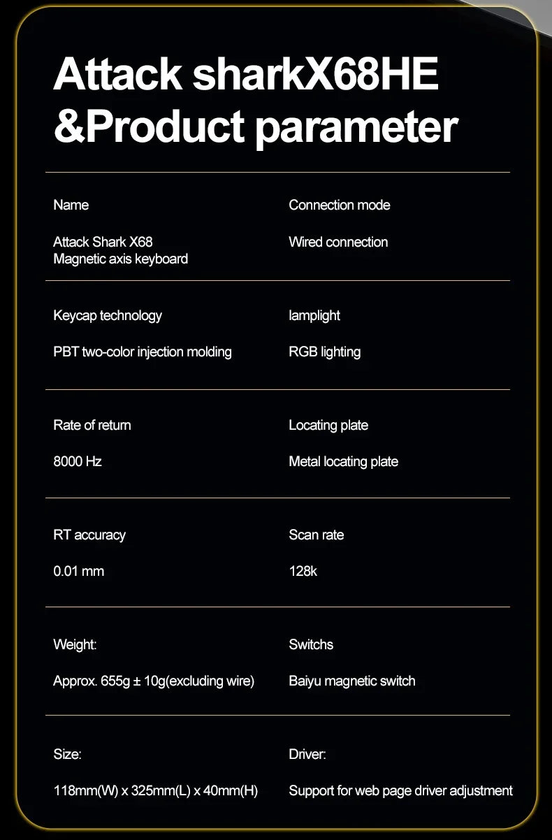 X68HE ATTACK SHARK Magnetic Gaming Keyboard Mechanical Wired for Pro Gaming 0.01mm Rapid Trigg 8000Hz SOCD/Rs 0.125ms 128K Rate
