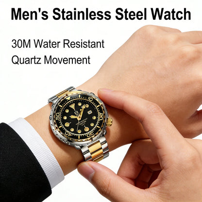 Montres pour homme QINGXIYA : montres de luxe à quartz pour homme, tendance, étanches, luminescentes, avec date et cadran rotatif, en acier inoxydable