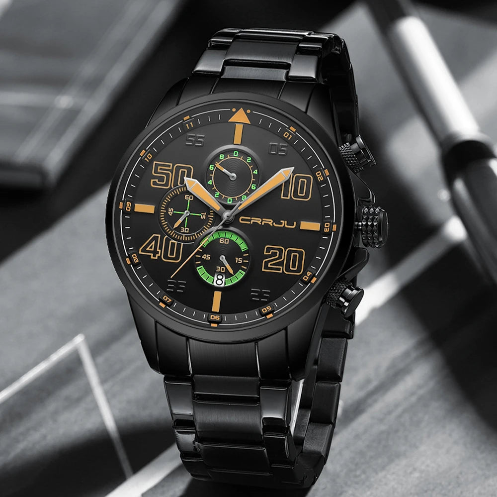 Orologio da uomo CRRJU – Cronografo di lusso, quadrante grande, acciaio inossidabile, impermeabile, con datario