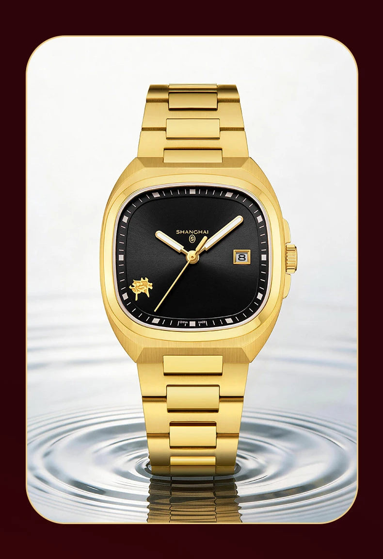 Montre mécanique vintage Shanghai Square, montre automatique pour homme en or 24 carats, boîtier de 38 mm, acier inoxydable 316L, montre-bracelet de luxe SH030