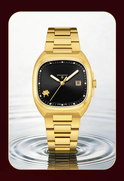 Montre mécanique vintage Shanghai Square, montre automatique pour homme en or 24 carats, boîtier de 38 mm, acier inoxydable 316L, montre-bracelet de luxe SH030